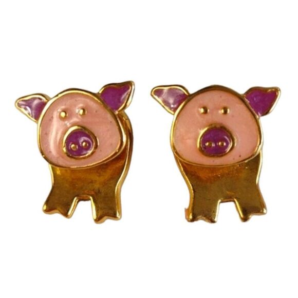 Vintage Irresistibles Piggy PIG Earrings 80s Pierced Metal Front to Back Style - Picture 1 of 8